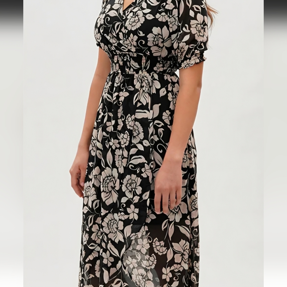 Costa Blanca Black Maxi Dress with Cream Floral Print